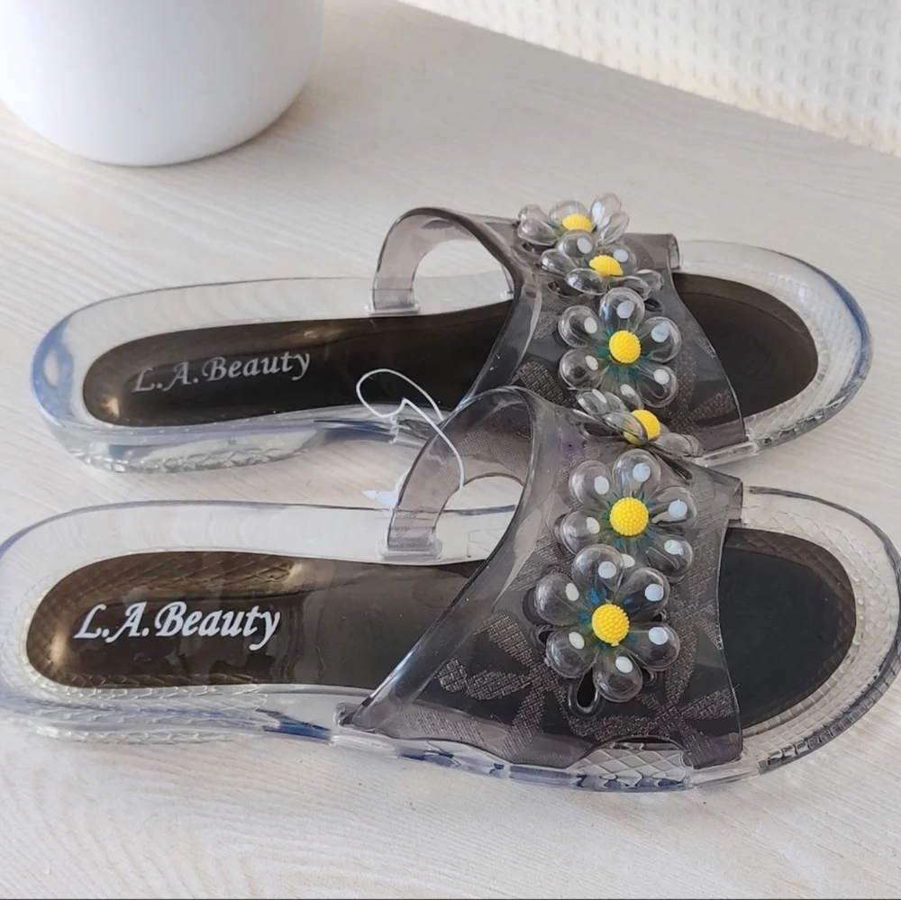 💰LA Beauty  Clear with Flowers Jelly Slides Women's Size 7